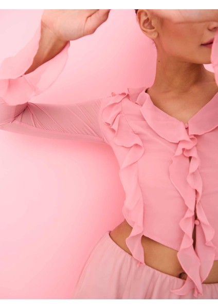 Boueni V-Yaka Crop Boy Regular Fit Pembe Renk Kadın Bluz fırsatları