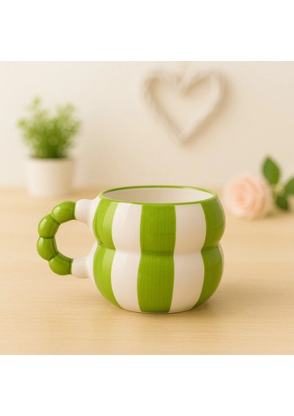 Katmerli Boncuk Kulp Yeşil Şerit Desenli El Işlemeli Seramik Kupa