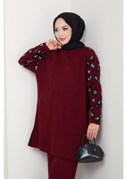 Leopar Kollu Simli Triko Tunik Pantolon Takım