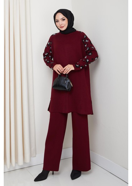 Leopar Kollu Simli Triko Tunik Pantolon Takım fiyatları