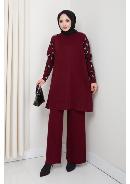 Leopar Kollu Simli Triko Tunik Pantolon Takım modelleri