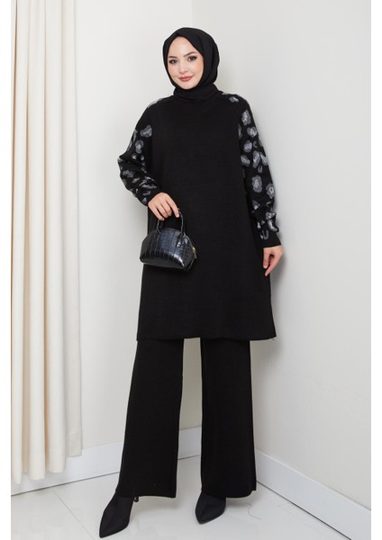 Leopar Kollu Simli Triko Tunik Pantolon Takım