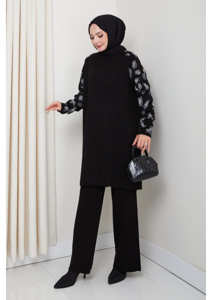 Leopar Kollu Simli Triko Tunik Pantolon Takım fiyatları