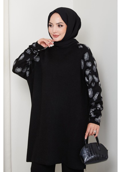 Leopar Kollu Simli Triko Tunik Pantolon Takım modelleri