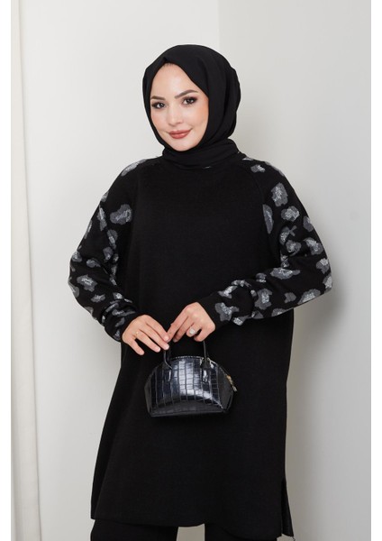 Leopar Kollu Simli Triko Tunik Pantolon Takım fırsatları
