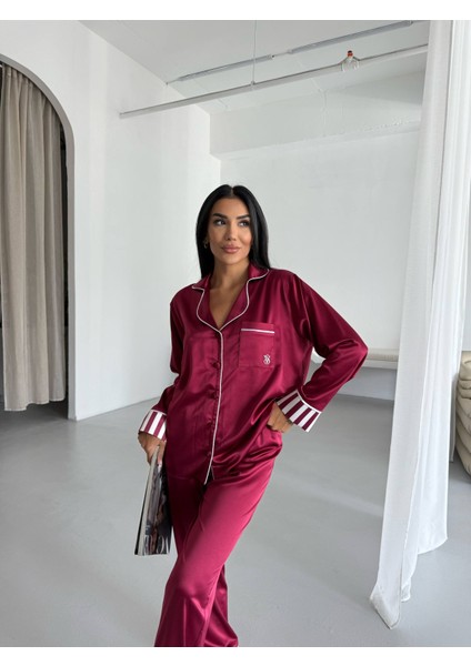 Vs Klasik Saten Pijama Takımı Bordo modelleri