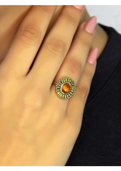 Doğal Taş Akik Oval Doğal Taşlı Antik Model Kadın Ayarlanabillir Yüzük EUY74A