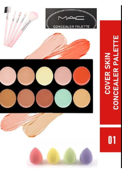 Concealer Palet Profesyonel Porselen Bölgesel Gölgelendirme Kapatıcı Palet + Sünger + Fırça Set