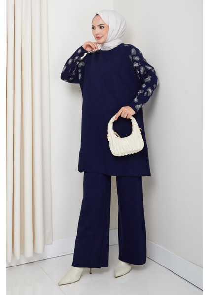 Leopar Kollu Simli Triko Tunik Pantolon Takım