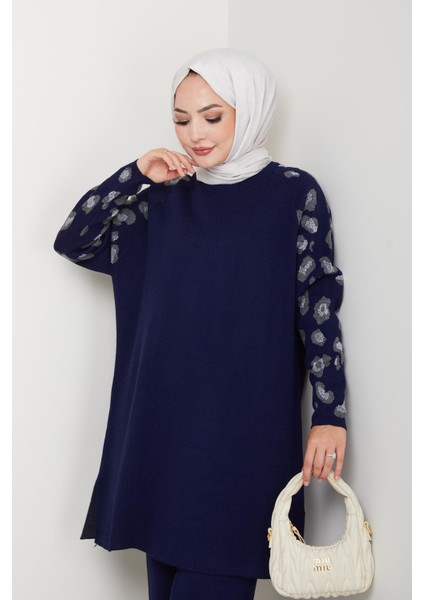 Leopar Kollu Simli Triko Tunik Pantolon Takım modelleri