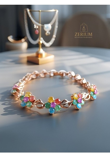 Zarif Renkli Çiçekli Gold Bileklik