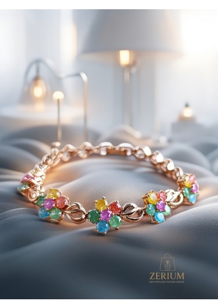 Zarif Renkli Çiçekli Gold Bileklik