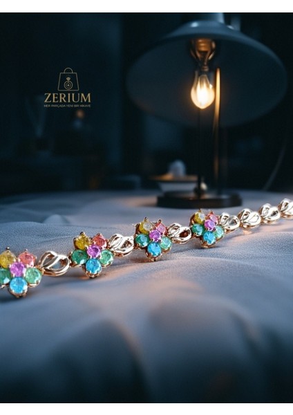 Zarif Renkli Çiçekli Gold Bileklik