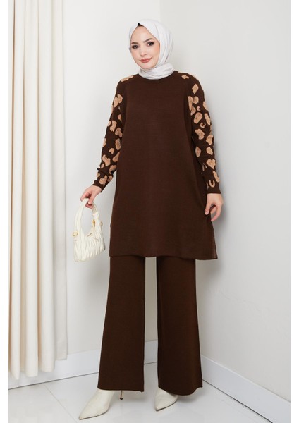 Leopar Kollu Simli Triko Tunik Pantolon Takım
