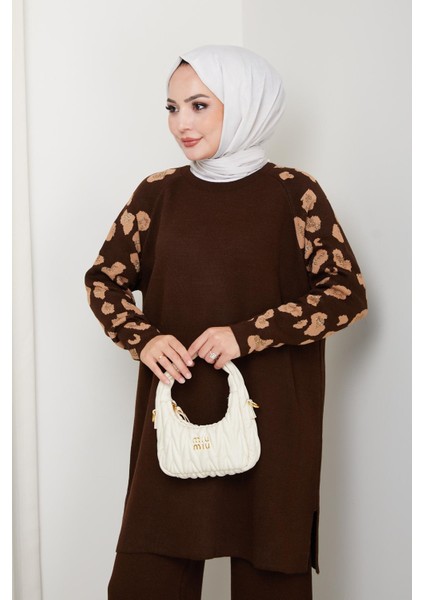 Leopar Kollu Simli Triko Tunik Pantolon Takım fiyatları