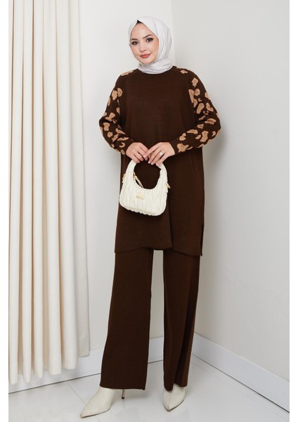 Leopar Kollu Simli Triko Tunik Pantolon Takım fırsatları