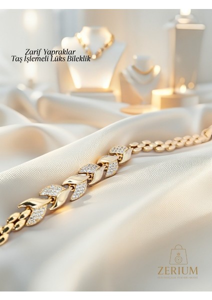 Zarif Yapraklar Taş Işlemeli Lüks Bileklik