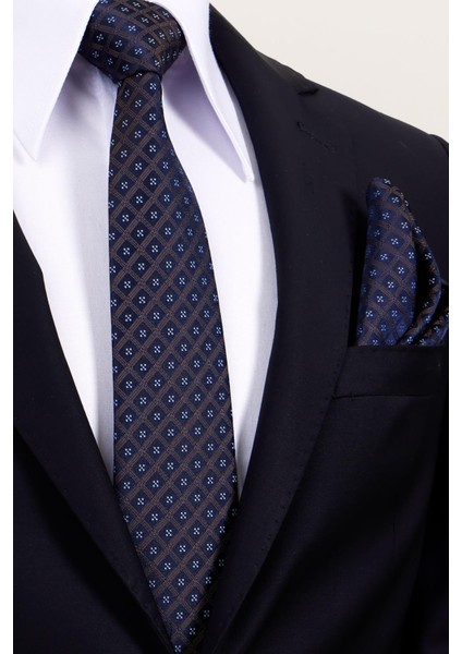 8 cm Hand Made Kahverengi - Lacivert Motif Desen Mendilli Kravat