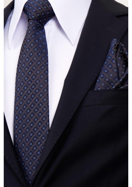 8 cm Hand Made Kahverengi - Lacivert Motif Desen Mendilli Kravat fiyatları