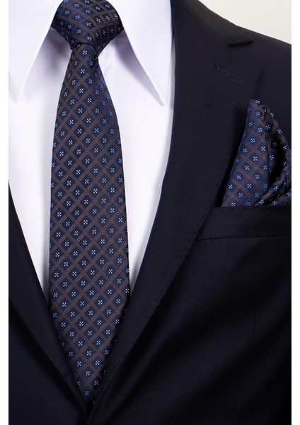 8 cm Hand Made Kahverengi - Lacivert Motif Desen Mendilli Kravat modelleri