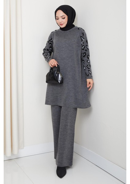 Leopar Kollu Simli Triko Tunik Pantolon Takım