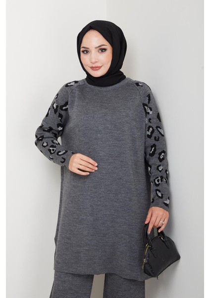 Leopar Kollu Simli Triko Tunik Pantolon Takım fiyatları