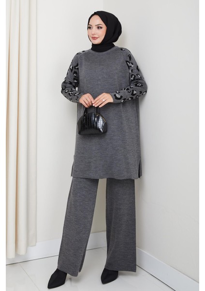 Leopar Kollu Simli Triko Tunik Pantolon Takım modelleri