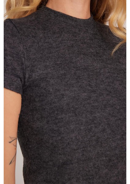 Kadın Slim Fit Dar Kesim Yarım Balıkçı Yaka Kısa Kollu antrasit Bluz modelleri