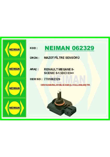 MAZOT FİLTRE SENSÖRÜ RENAULT MEGANE 2-SCENIC 2-1.5DCI 2003 7701062329