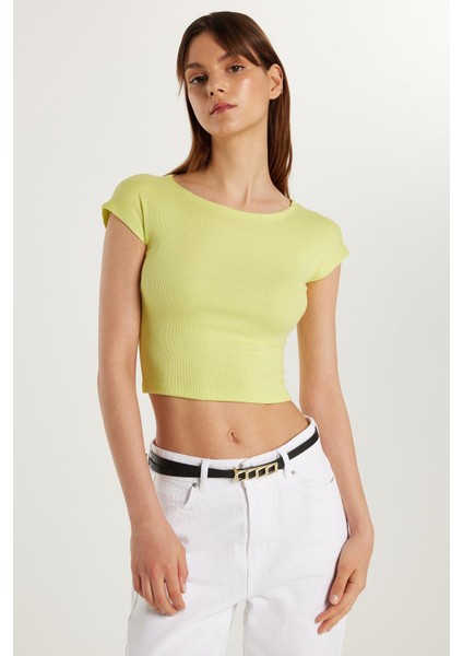 Kadın Modal Kumaş Slim Fit Dar Kesim Kısa Kollu Bisiklet Yaka Yeşil Bluz