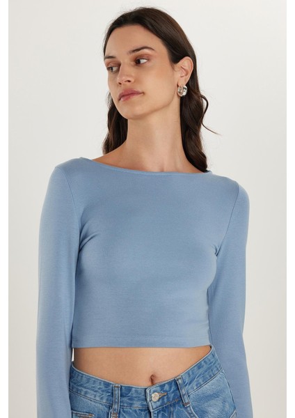Kadın Slim Fit Dar Kesim Modal Kumaş Uzun Kollu Bisiklet Yaka Açık Mavi Bluz