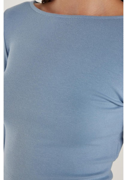 Kadın Slim Fit Dar Kesim Modal Kumaş Uzun Kollu Bisiklet Yaka Açık Mavi Bluz modelleri