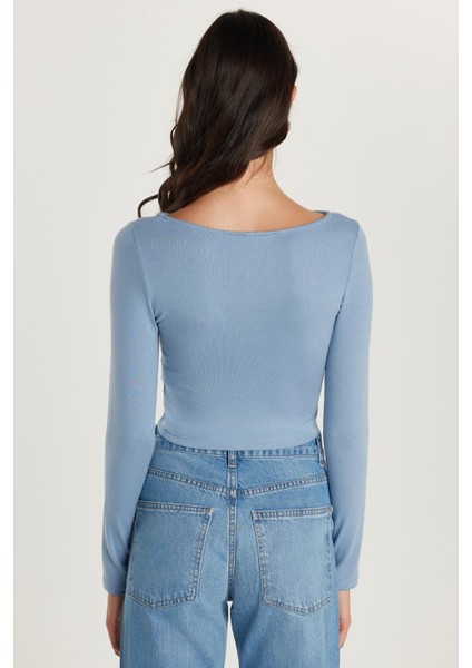 Kadın Slim Fit Dar Kesim Modal Kumaş Uzun Kollu Bisiklet Yaka Açık Mavi Bluz indirimleri