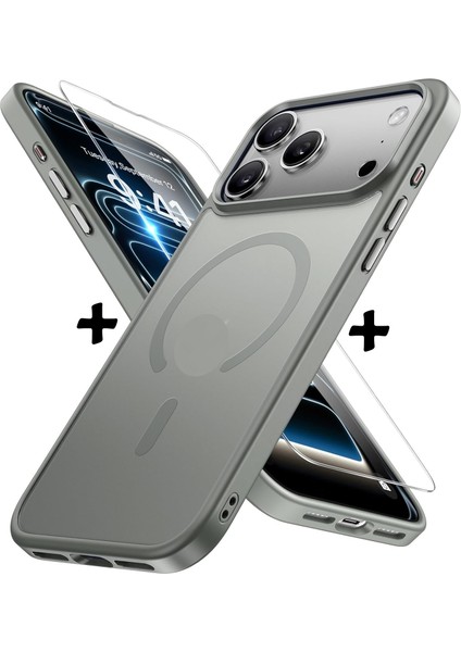 Apple iPhone 17 Pro Max Kılıf Mat Magsafe Şarj Özellikli Hassas Butonlu Yumuşak Renkli Kenarlı + Ekran Koruyucu Cam Set 2in1