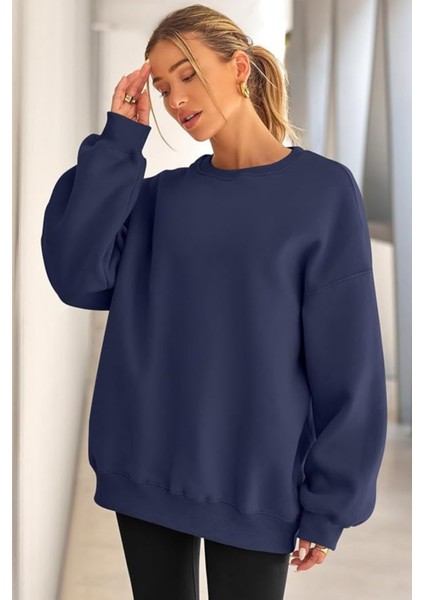 Genıus Store Kadın Sweatshirt Oversize Geniş Kalıp Içi Şardonlu Bisiklet Yaka Oversize sweatshirt Kadın-Sweatshırt