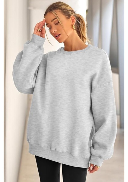 Genıus Store Kadın Sweatshirt Oversize Geniş Kalıp Içi Şardonlu Bisiklet Yaka Oversize sweatshirt Kadın-Sweatshırt