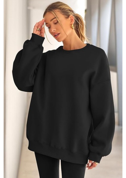 Genıus Store Kadın Sweatshirt Oversize Geniş Kalıp Içi Şardonlu Bisiklet Yaka Oversize sweatshirt Kadın-Sweatshırt