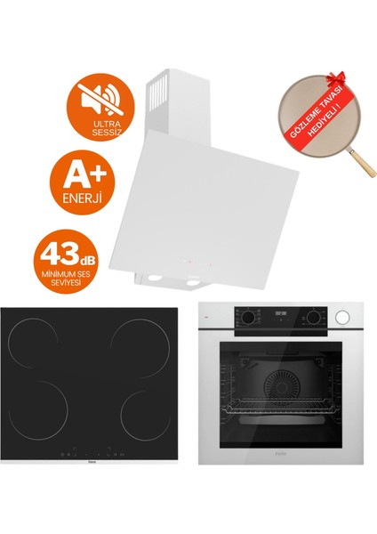 Fryart & Buharlı Focus Sessiz Davlumbaz Elektrikli Beyaz Ank. Set (D078-SA + MS261 + QEP64CB)
