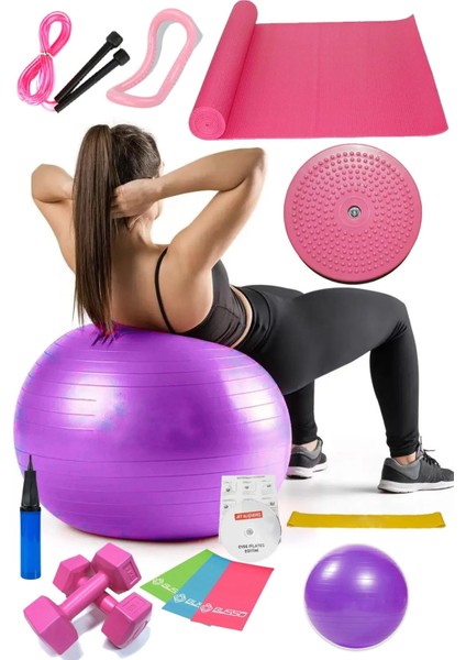 14 Lü Pilates Seti Topu 3 Lü Pilates Bandı Dambıl Minder Atlama Ipi Twister Yoga Yüzüğü
