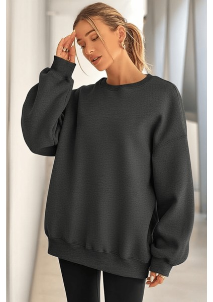 Genıus Store Kadın Sweatshirt Oversize Geniş Kalıp Içi Şardonlu Bisiklet Yaka Oversize sweatshirt Kadın-Sweatshırt