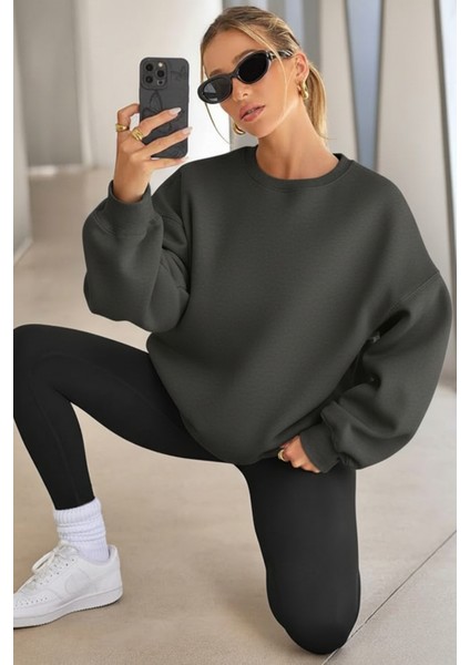 Genıus Store Kadın Sweatshirt Oversize Geniş Kalıp Içi Şardonlu Bisiklet Yaka Oversize sweatshirt Kadın-Sweatshırt fiyatları