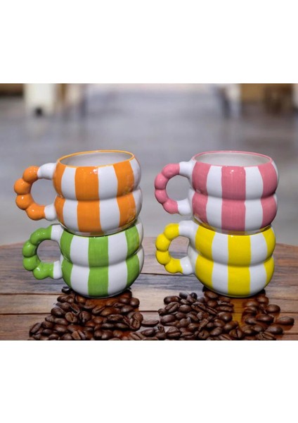 4 ' Lü Katmerli Boncuk Kulp Şerit Desenli El Işlemeli Seramik Kupa