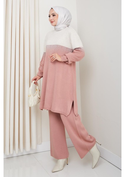 Iki Renk Simli Triko Tunik Pantolon Takım