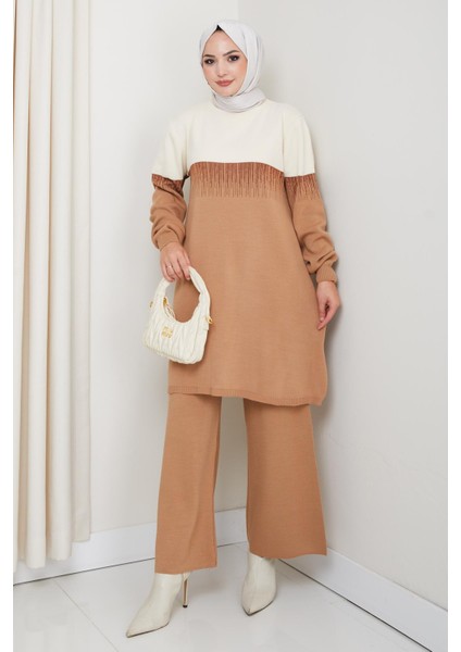 Iki Renk Simli Triko Tunik Pantolon Takım