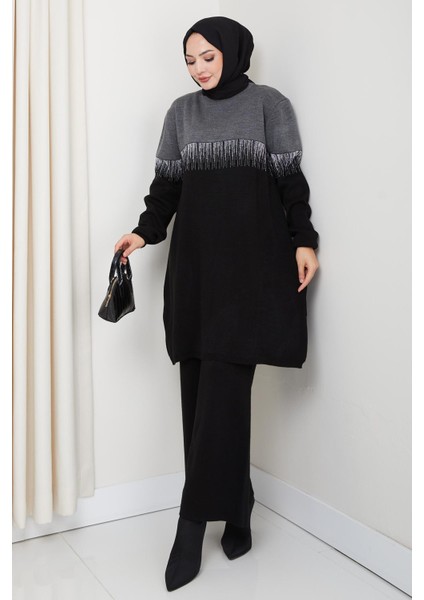 Iki Renk Simli Triko Tunik Pantolon Takım