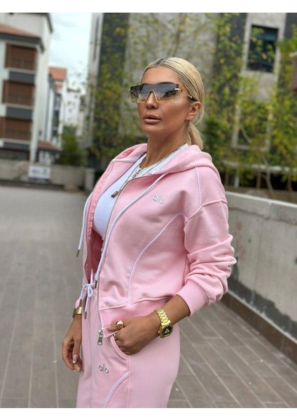 5807 Biyeli Kapşonlu Aksesuarlı Eşofman Takımı Pembe fırsatları