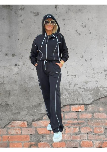 5807 Biyeli Kapşonlu Aksesuarlı Eşofman Takımı Siyah fırsatları