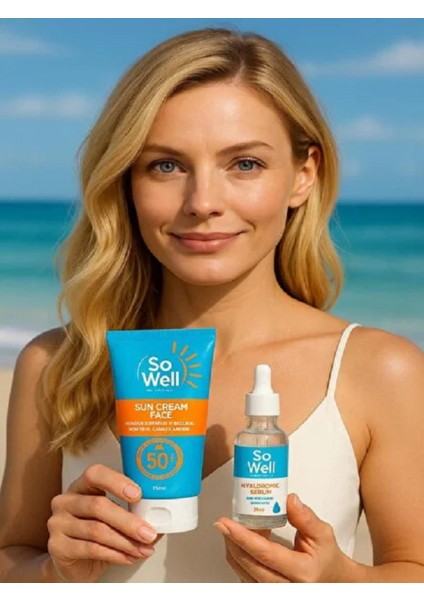 Plus Yüksek Koruma Yüz Için Kremi Spf 50+ Hyaluronik Acid Serum Hediye Seti 75 ml Krem + Serum