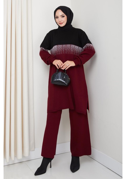 Iki Renk Simli Triko Tunik Pantolon Takım