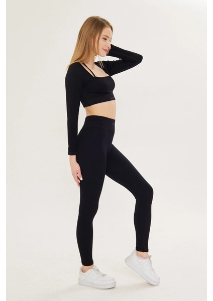 Ouma Bisiklet Yaka Düz Desenli Slim Fit Siyah Renk Tayt Takım modelleri